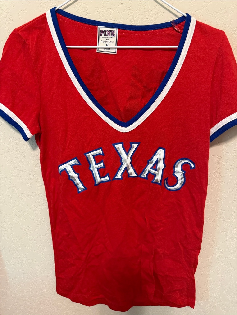 PINK Victoria's Secret Red Texas V-Neck Tee with Blue & White Trim